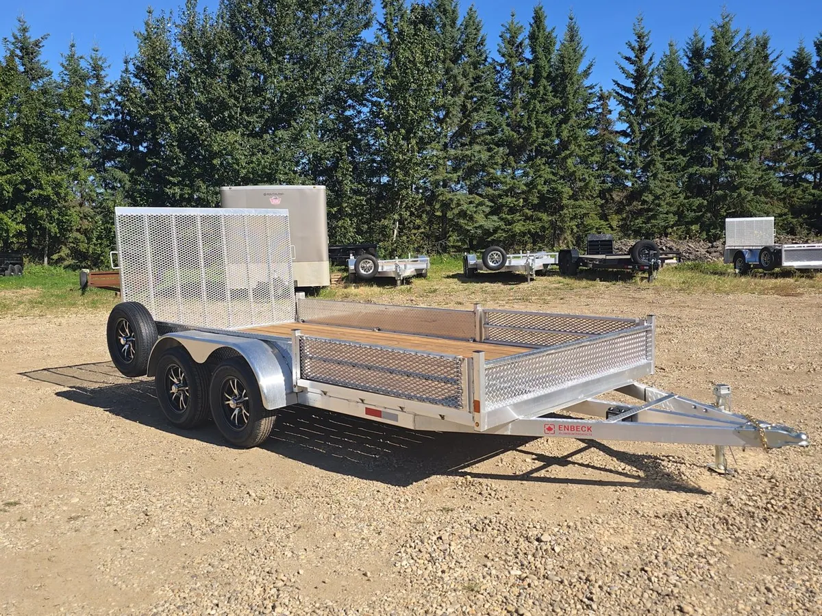 Enbeck 80 inch by 14 foot tandem axle aluminum side loader trailer on the Acheson Trailers lot