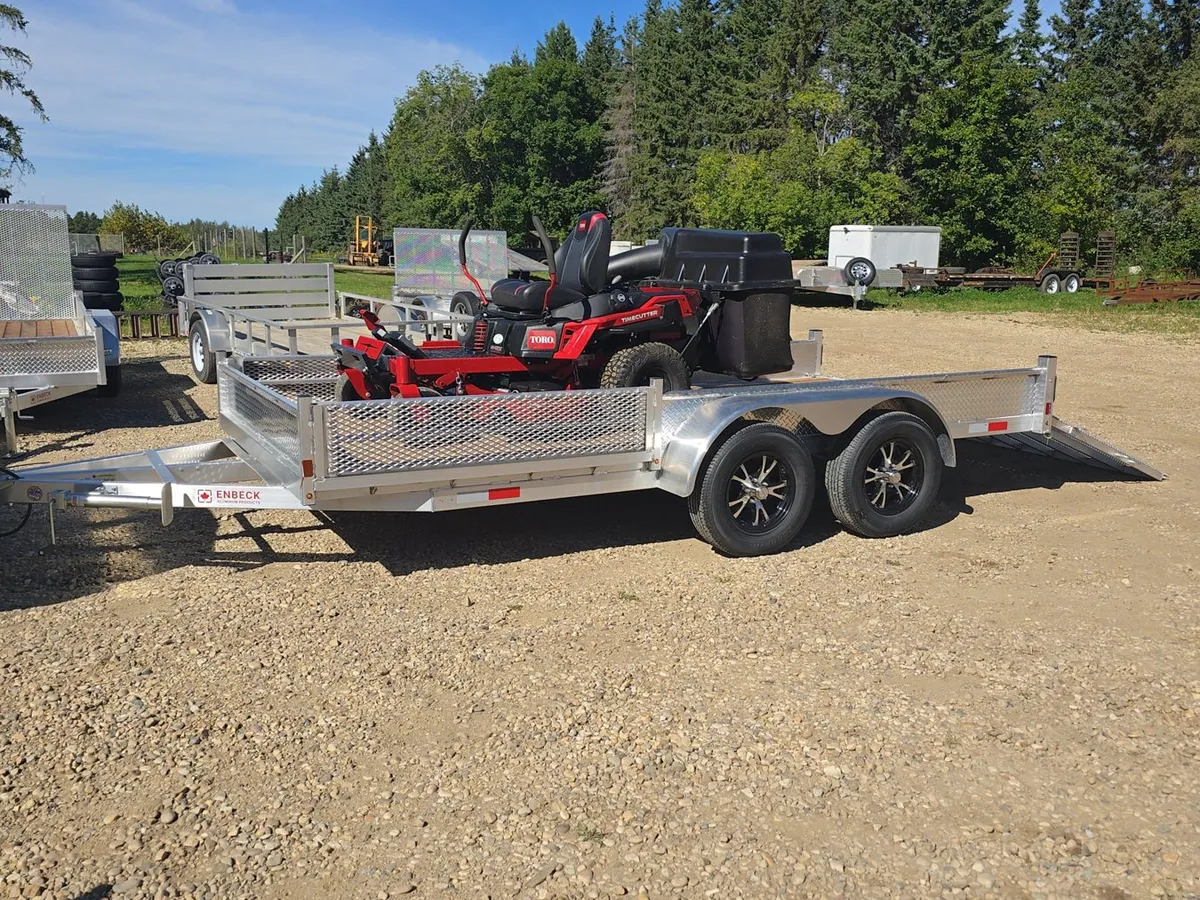 Enbeck 80 inch by 16 foot tandem axle aluminum side loader trailer with the side ramp down