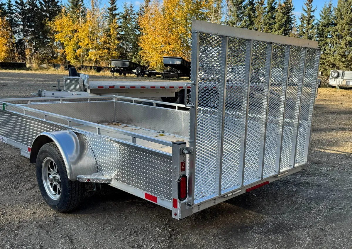 Enbeck 5 by 10 single axle aluminum utility trailer with mesh ramp gate
