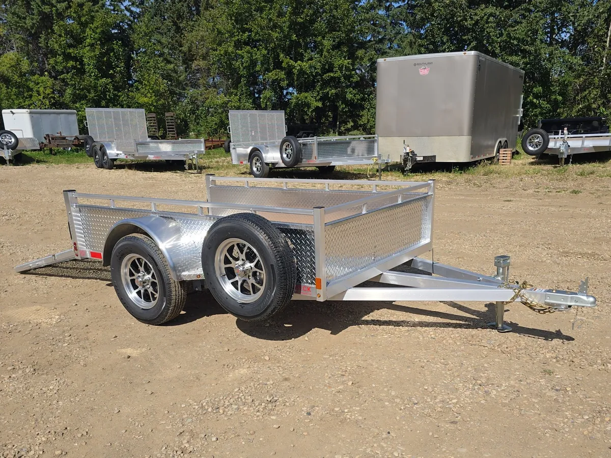 Enbeck 5 by 8 single axle aluminum utility trailer on the Acheson Trailers lot